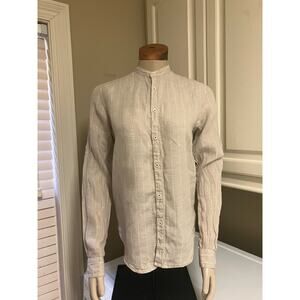 Clayton Linen Company Linen Top, Collarless, Medium, Beige, Button Up, Long Slee